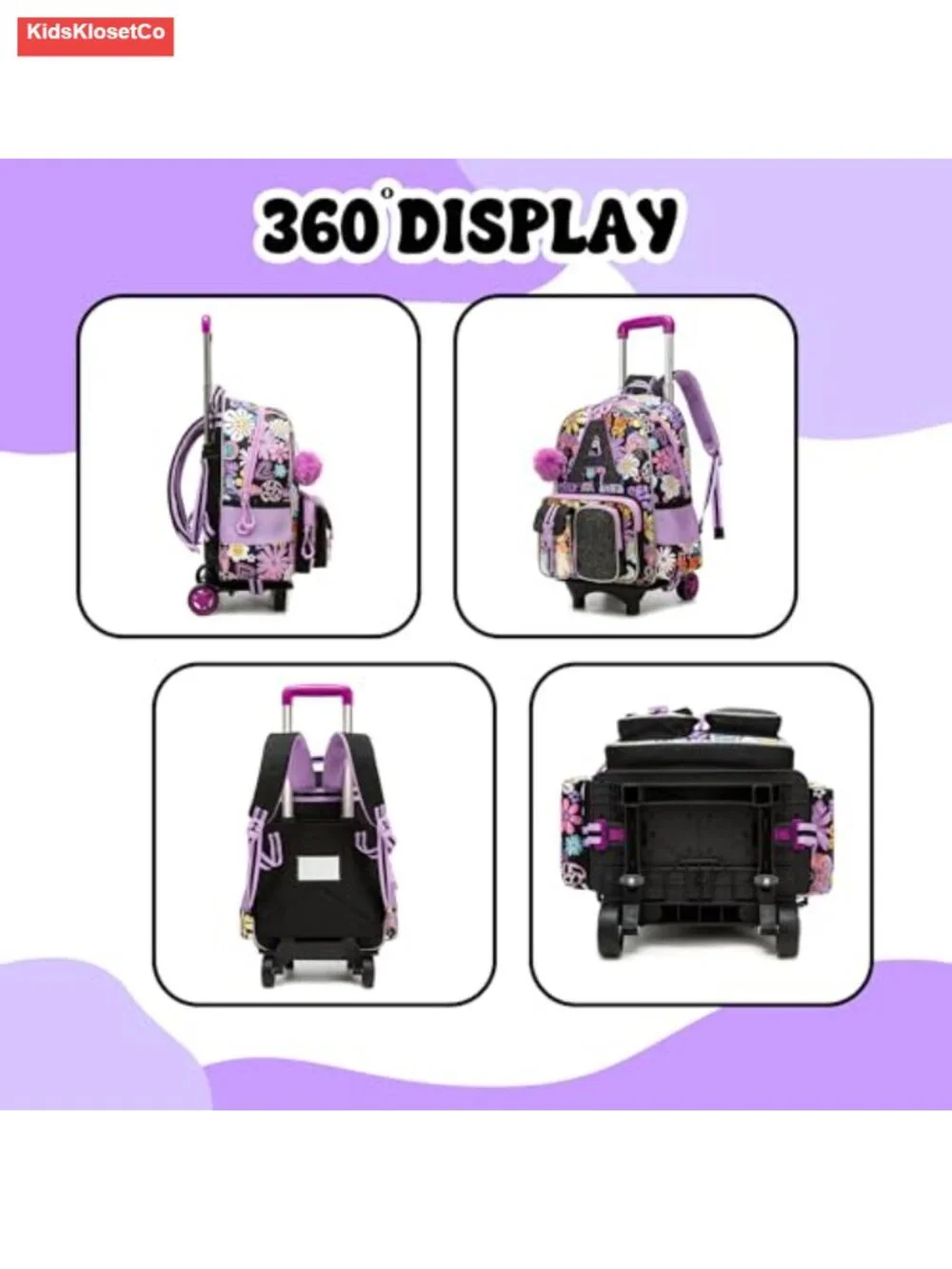 3 in 1 Rolling Backpack for Girls with Lunch Box and Pencil Case, Kids Luggage